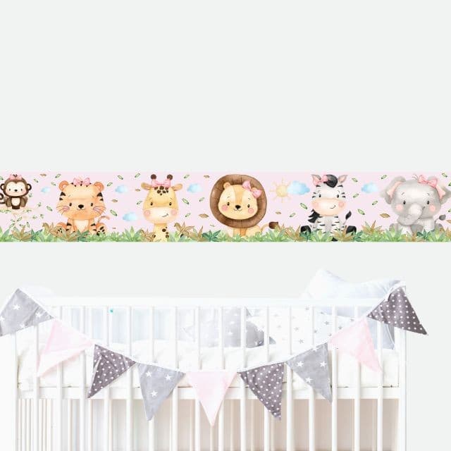 Kit 3 Faixas Decorativas Adesivo Infantil Bebê Safari Menina Rosa