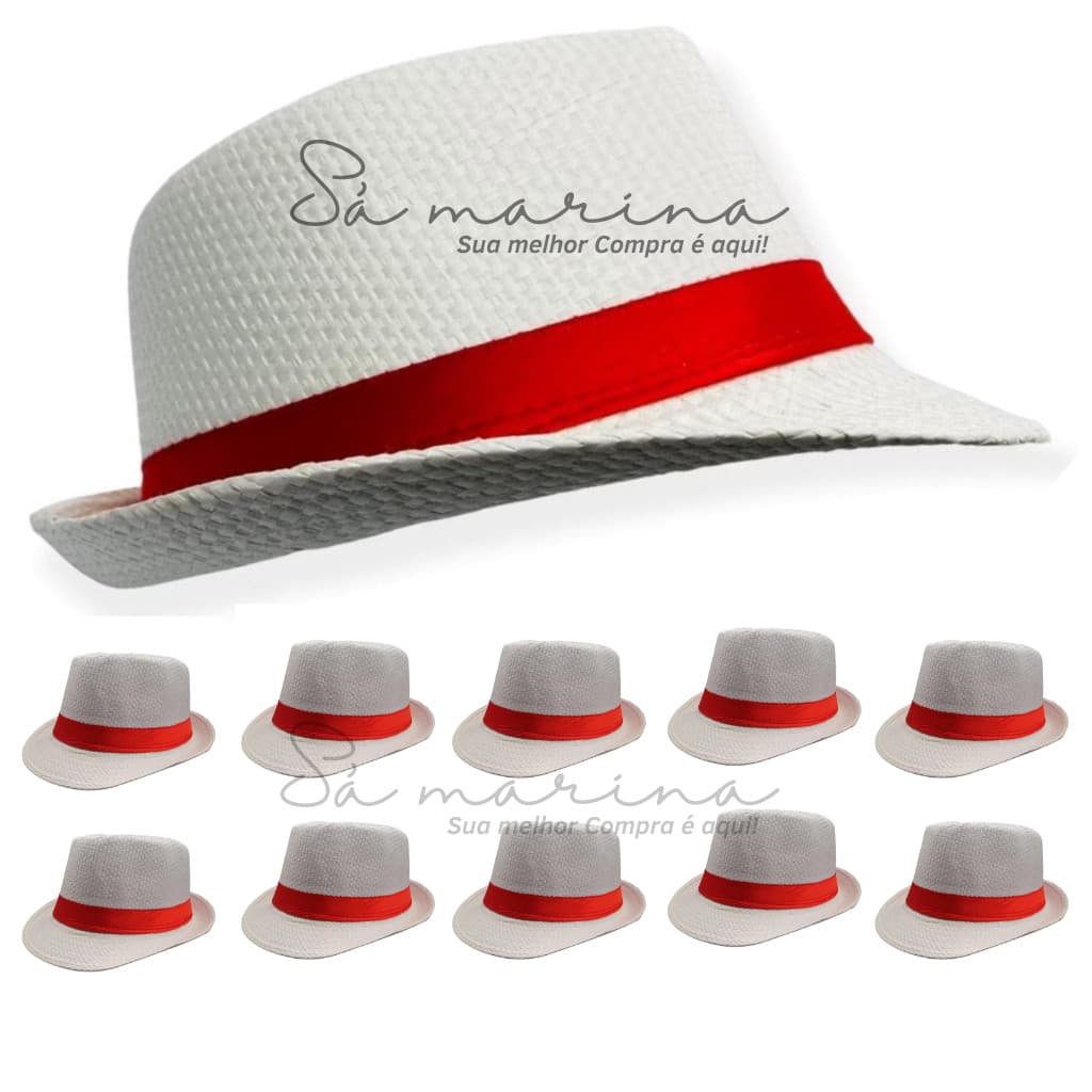 Kit 12 Chapéu Malandrinho Panamá Branco Fita Vermelha