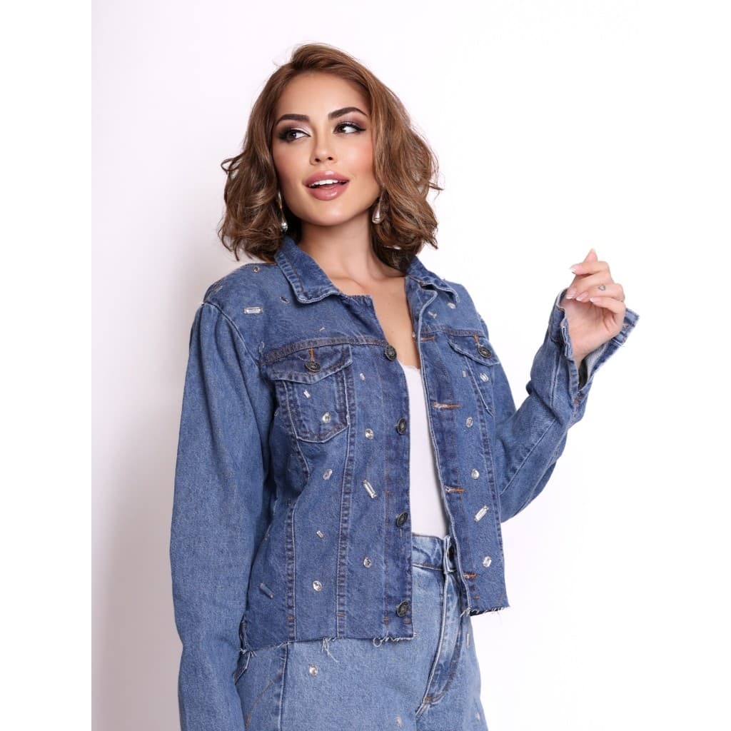 CHIC ROSA JAQUETA JEANS SEM BARRA COM DESFIAR COM PEDRA MODA FEMINIA