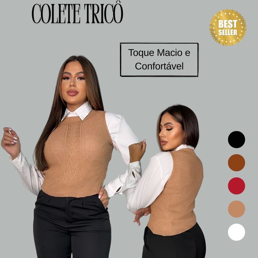 Colete Tricot Feminino Gola Redonda Tricô Moda Outono Inverno Verão