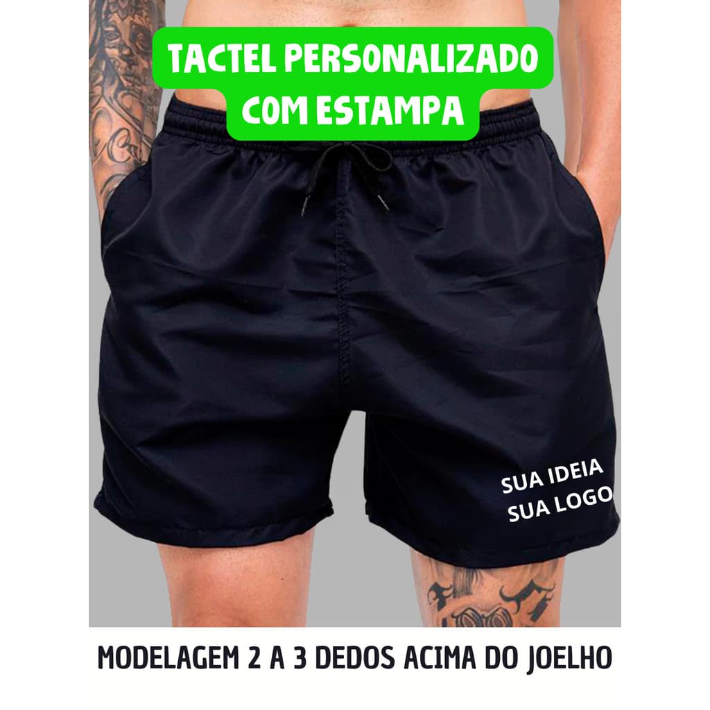Bermuda Tactel mauricinho Masculina Personalizada Com Sua Logo Tecido Leve Modelo Adulto Preta Lisa