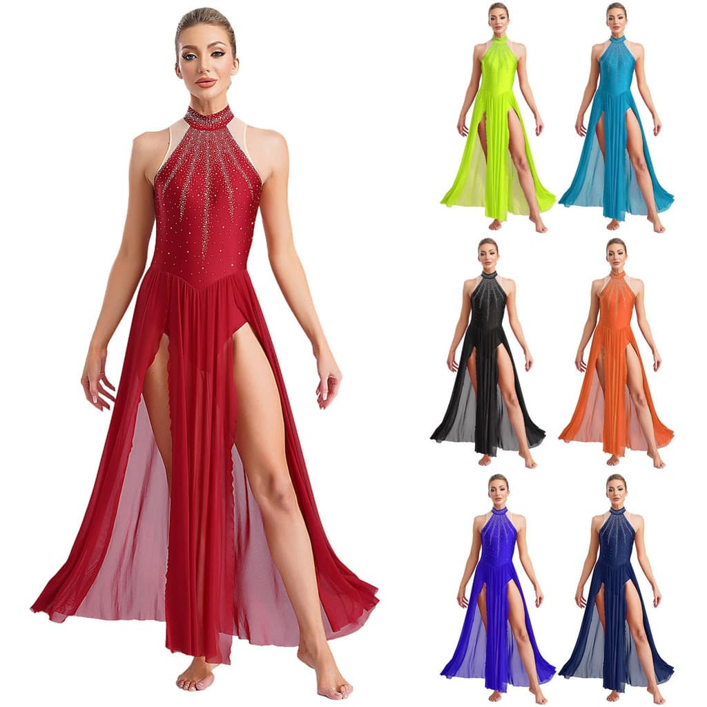 Aislor Womens Lyrical Dance Costume Keyhole Back Sleeveless Sparkling Rhinestones Split Dress Dancewear