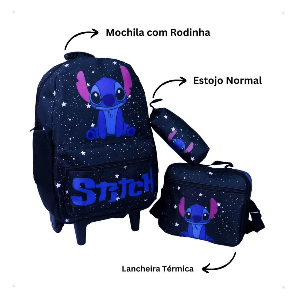 Kit Mochila de Rodinha + Lancheira Térmica + Estojo Normal Volta as Aulas Azul Stitch