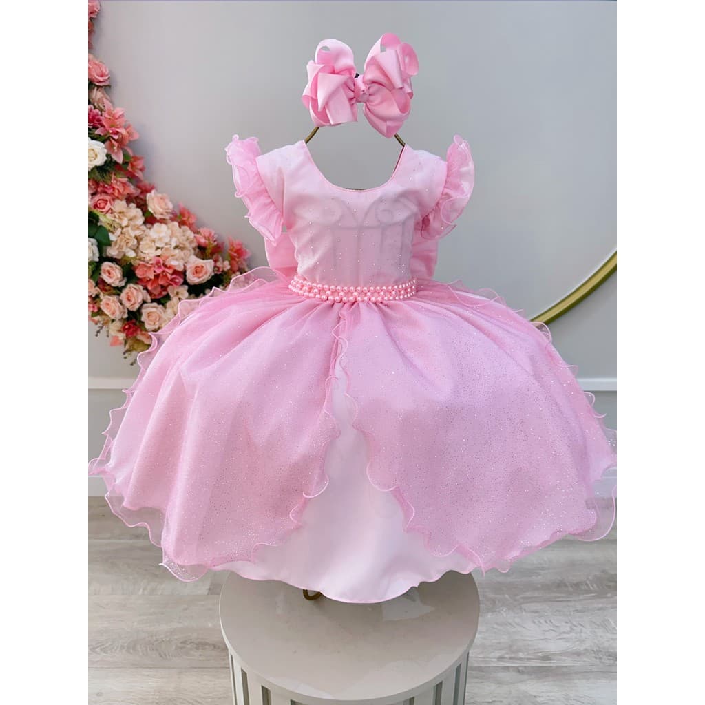 Vestido Infantil Rosa Claro Saia C/ Tule e Glitter Daminha