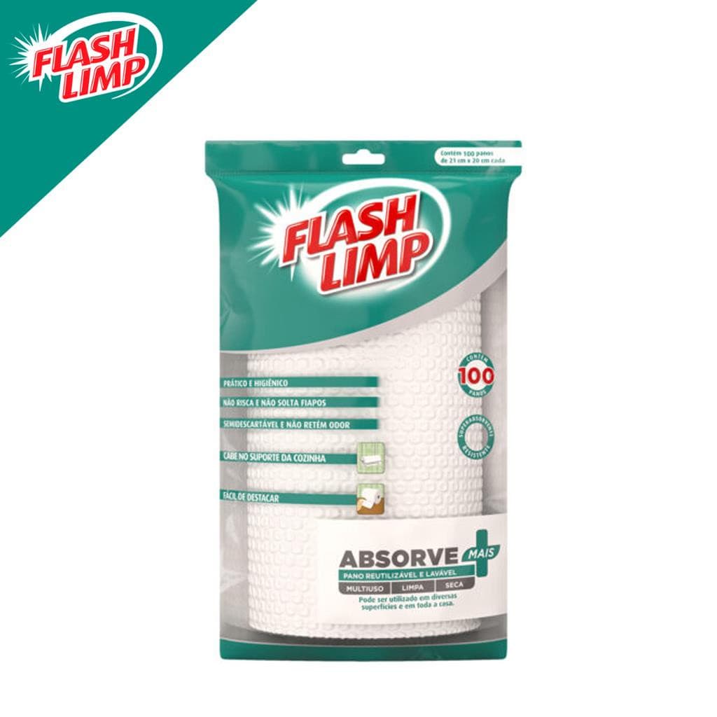 Pano Absorve+ Flash Limp - 100 Peças Semidescartáveis Para Limpeza Completa e Prática da Casa