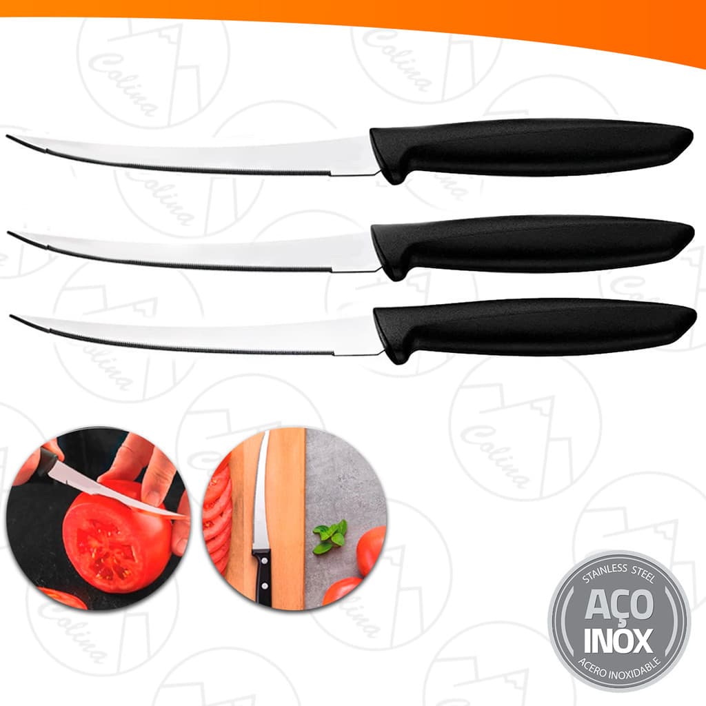 Kit 3 Facas Para Tomate Aço Inox Legumes Chef Profissional 5 Cor:Inox Kolling Sell