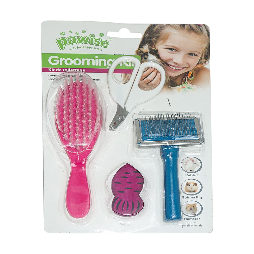 Kit Grooming Roedores Pawise 4 Peças – Rasqueadeira, Escova, Tesoura e Brinquedo