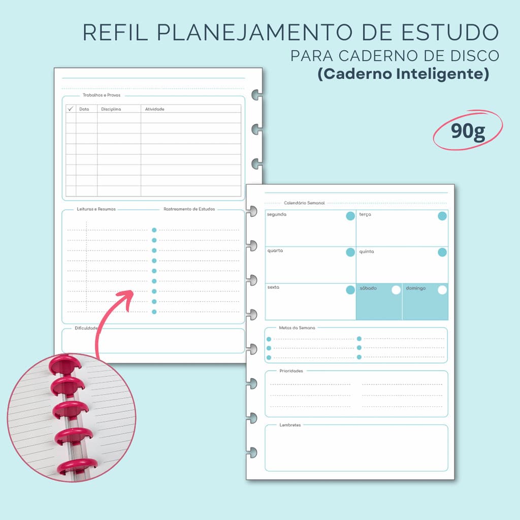 Refil Plano de Estudos para Caderno de Disco (Caderno Inteligente) - 30 folhas