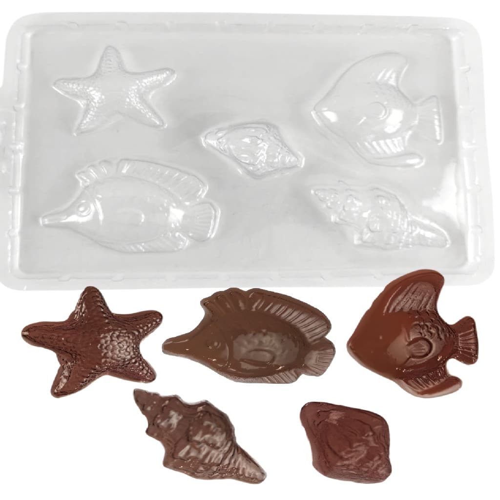 10 Forma Simples Frutos dos Mar 03 Molde para Chocolate Tema Sereia Praia Oceano Marinho Conchas