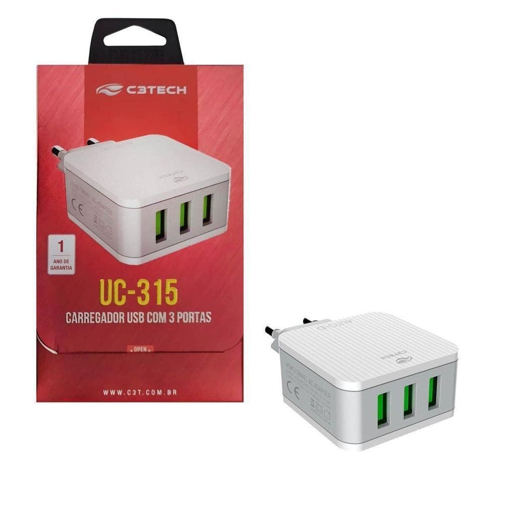 Carregador Universal 3 portas USB AC / USB Modelo UC-315WH C3Tech Potencia 15,5W Tensão DC 5V Corrente  3,1A