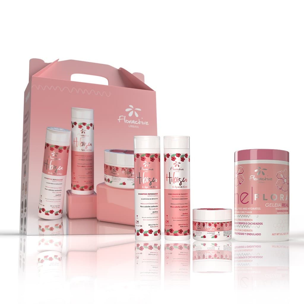 BOX CURL - SHAMPOO 300ML CONDICIONADOR 300ML MASCARA 250GR HIBISCO + MEL FLORA 1KG + ESCOVA POLVO + TOUCA DE CETIM