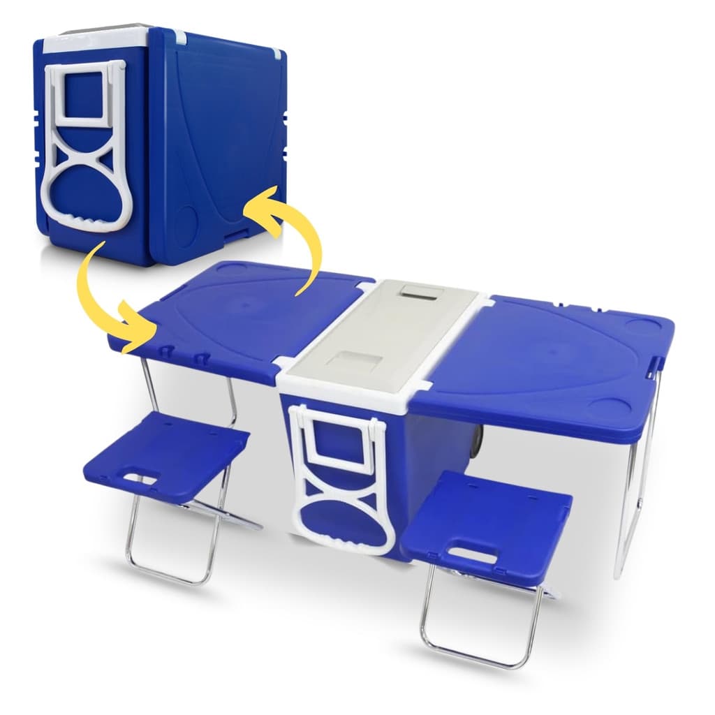 Super Caixa Térmica com 2 mesas e 2 banquetas integradas Cooler Multifuncional 5 em 1 - 32 litros