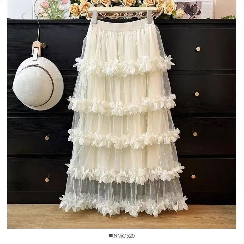 Saia Estilosa 3D de Tule Com Camadas de Flores Moda Feminina