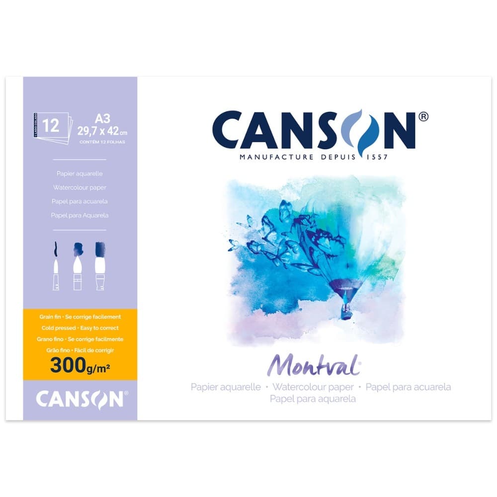 Bloco Canson Montval A3 300g 12 Folhas Papel Aquarela Grão Fino (Sem Ácido)