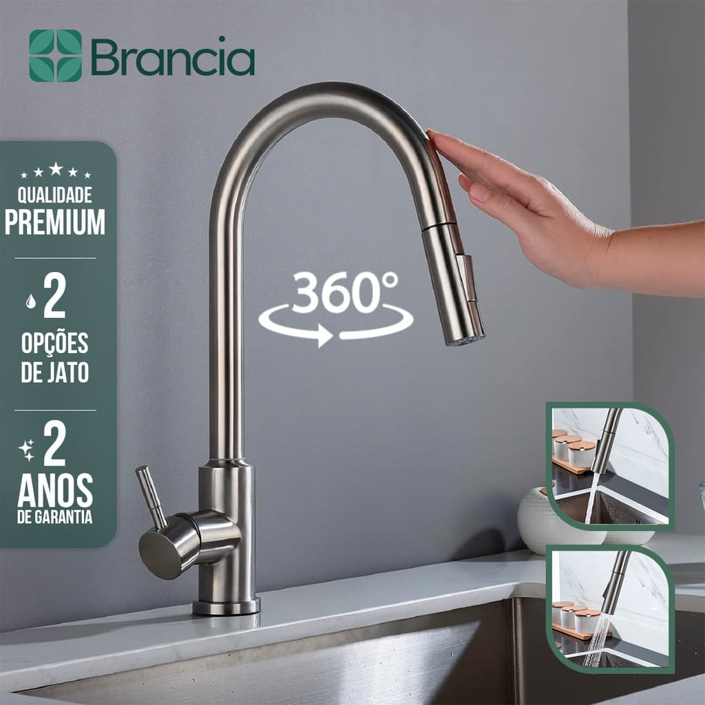 Torneira Gourmet Cozinha Ducha Monocomando Extensível Misturador Inox 304 Escovado Bancada Garantia