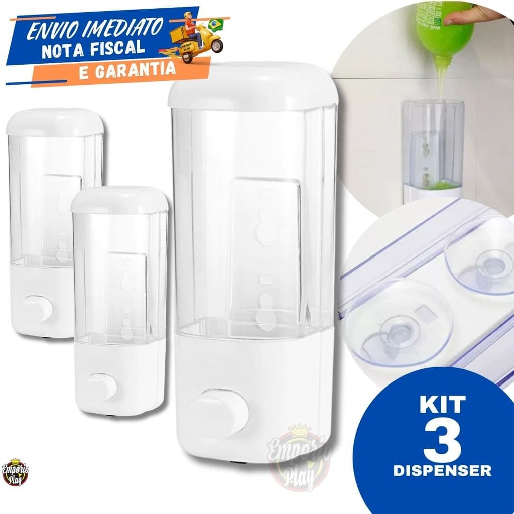 Kit 3 Dispenser De Parede Porta Álcool em Gel Detergente Sabonete Líquido 500ml Parede com Ventosa