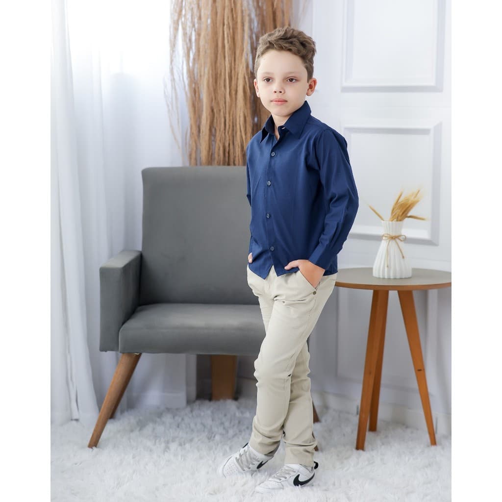 Conjunto Roupa Social Camisa Azul Calça Nude Infantil Casamento Formatura Festa Evento Igreja