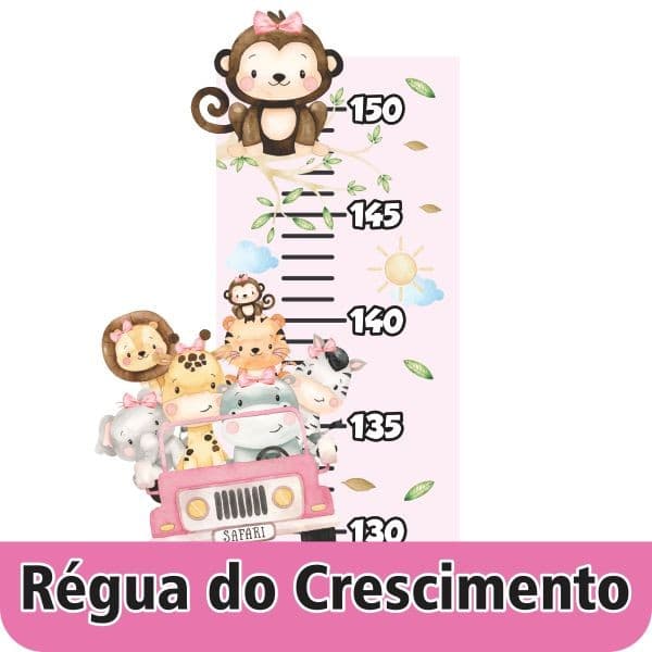 Adesivo De Parede Régua Crescimento Infantil Safári Menina Rosa