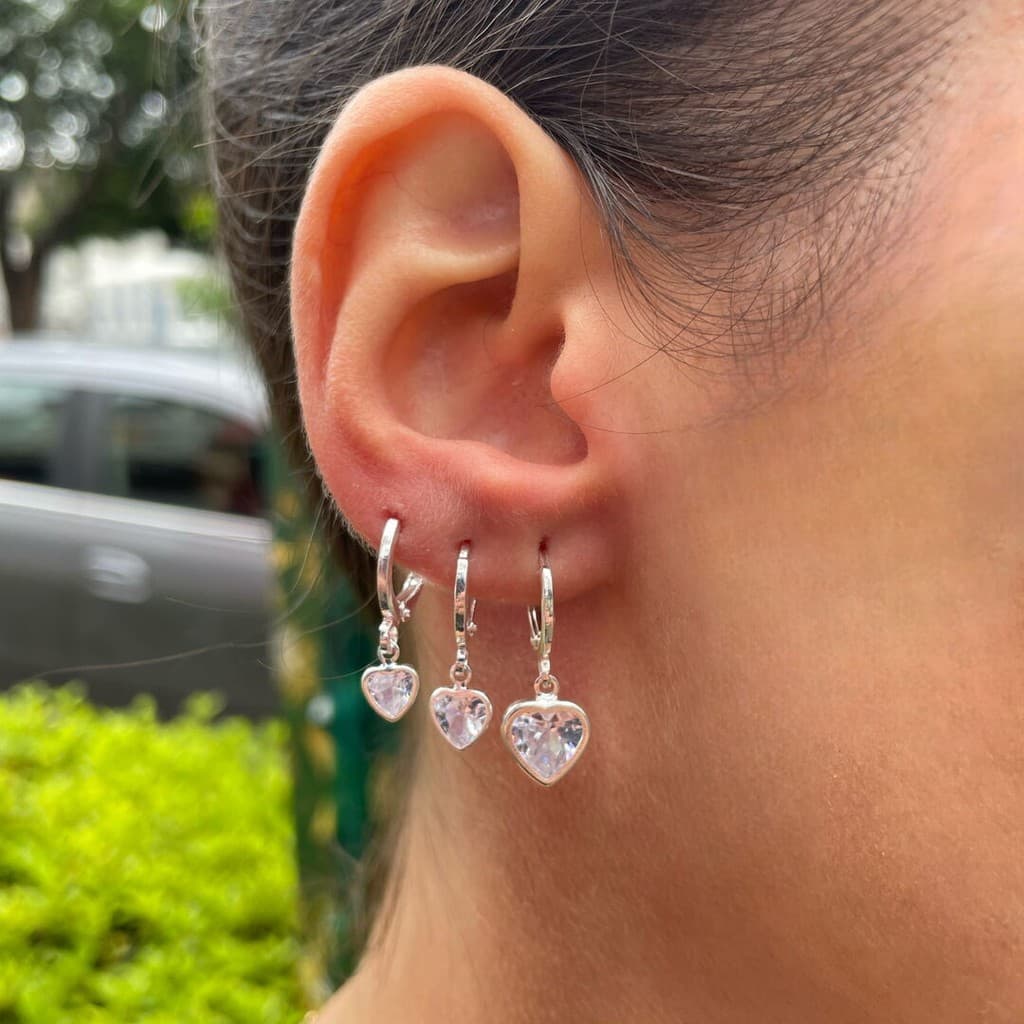 Tamanho M do Trio Argola c/ Coração Cristal Pendurado Prateado