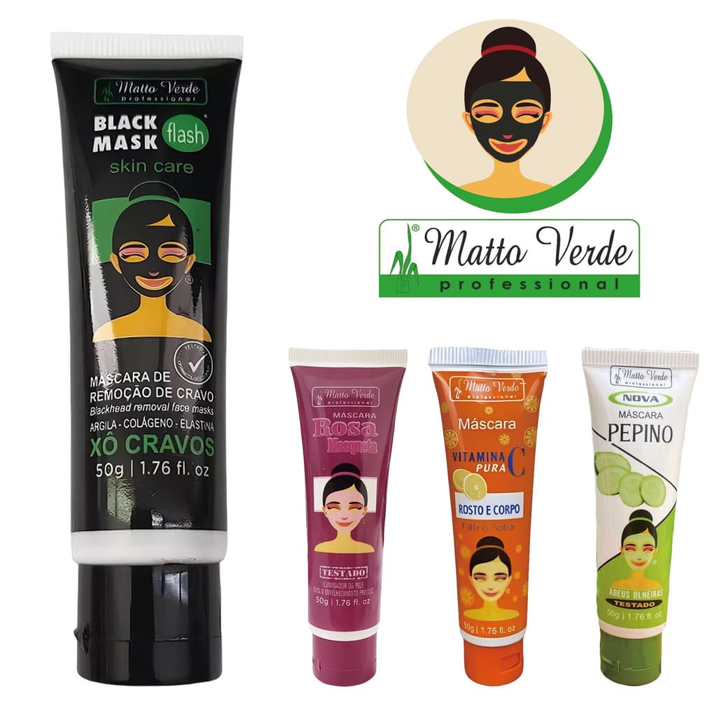 Máscara Facial Matto Verde, 4 Opções – Cravos, Olheiras, Iluminadora e Vitamina C | 50g cada