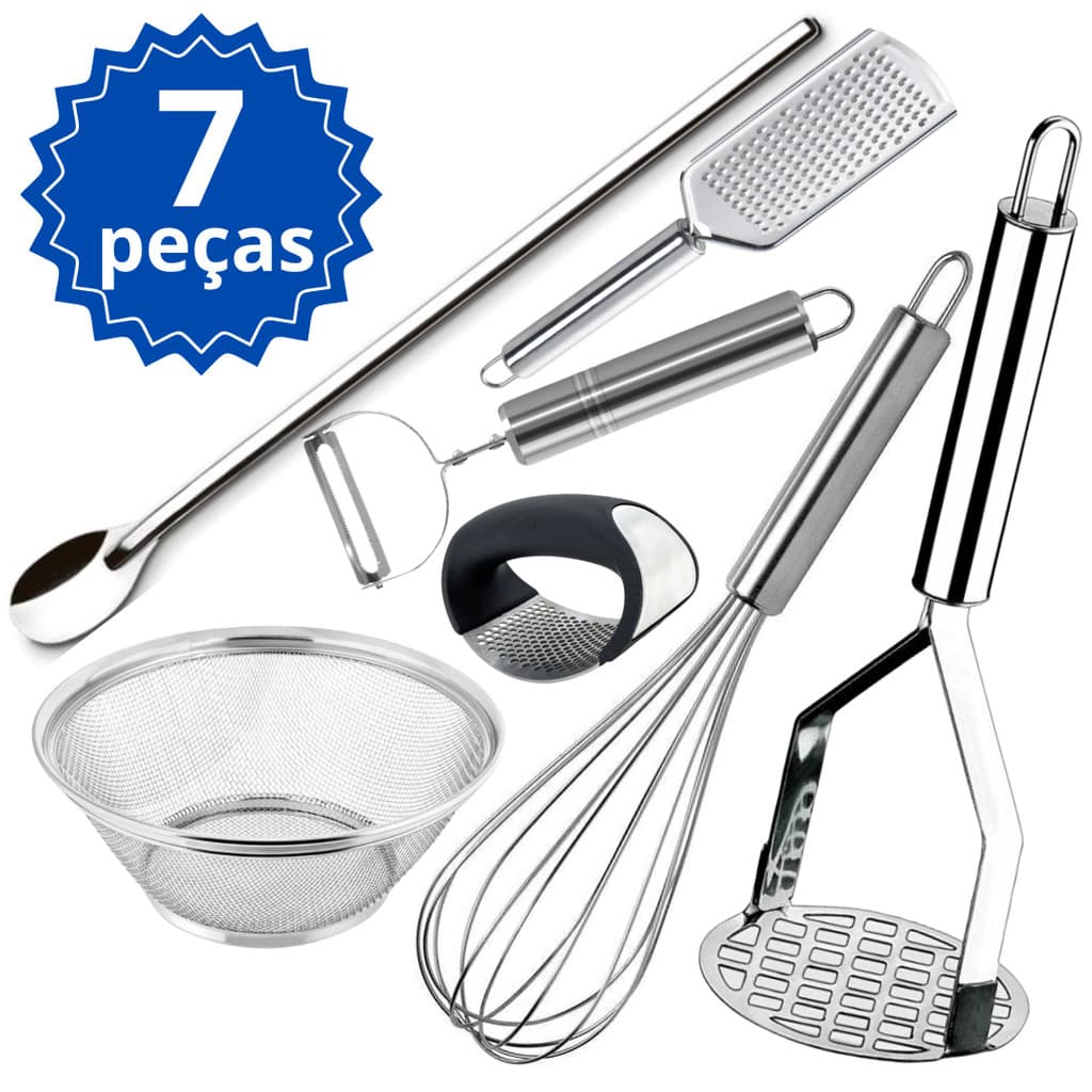 Utensilios Cesto Escorredor Massa Arroz + Batedor Fue + Colher Suco+ Descascador+ Ralador + Amassador de Batata Alho