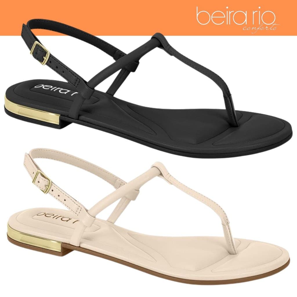Sandália Feminina Beira Rio Rasteira Flat Básica Detalhe Dourado Conforto
