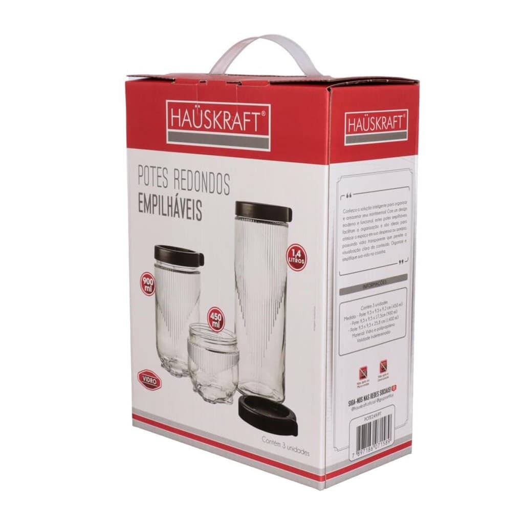 Conjunto de 3 Potes Redondos Empilháveis - Hauskraft