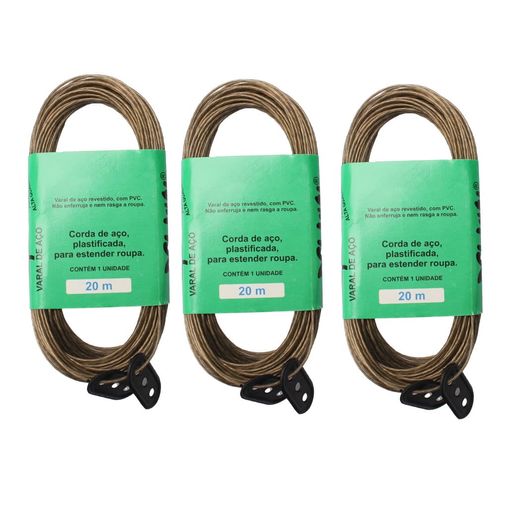 kit 3 Corda para Varal Fio de Aço Plastificada PVC 60m