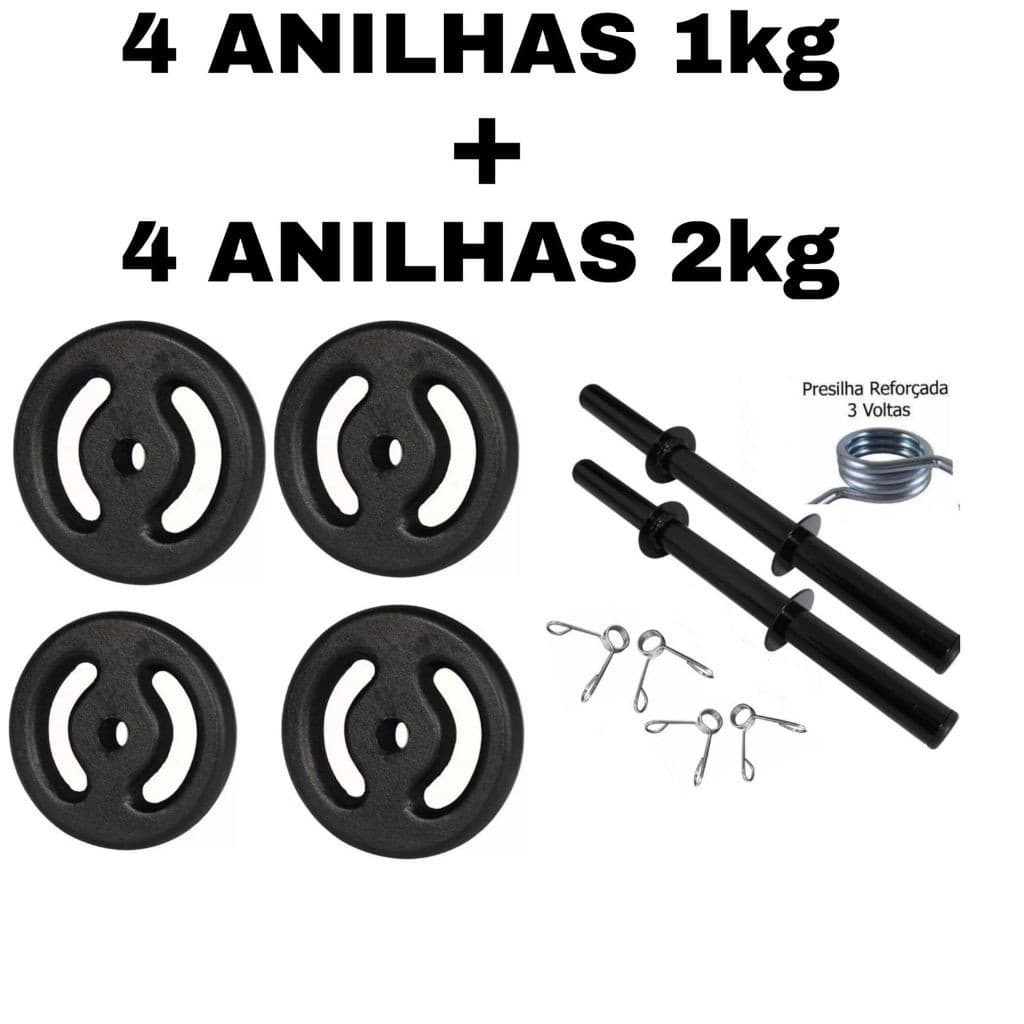Kit 2 Barras Ocas 40cm com Presilhas + 4 Anilha 1kg + 4 Anilha 2kg | Halter De Peso Para Musculação