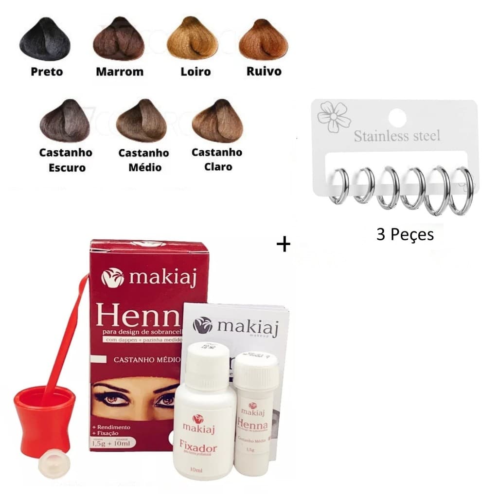 Conjunto Sobrancelha Henna Makiaj Complete Fixing Gel 7 Cores 1 Henna +Prata 3 pares Brinco de argolinhas em aço