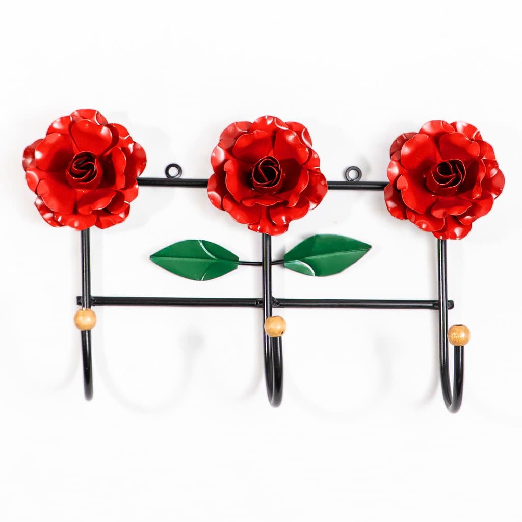 Cabideiro de Parede Suporte Artesanal 3 Ganchos Flor Vermelha