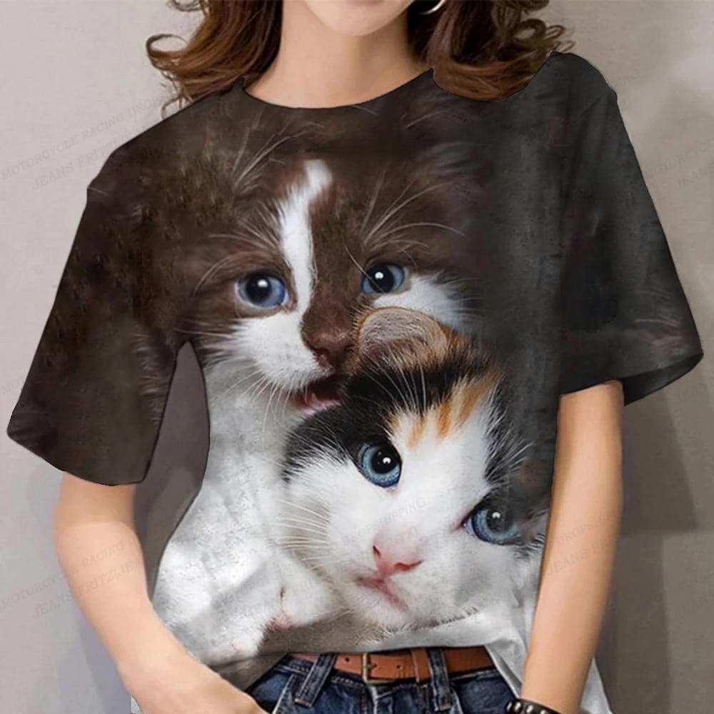 Camiseta Feminina Cão Impressão 3d Moda Gato Camisetas Harajuku Manga Curta Topos Kawaii Animal