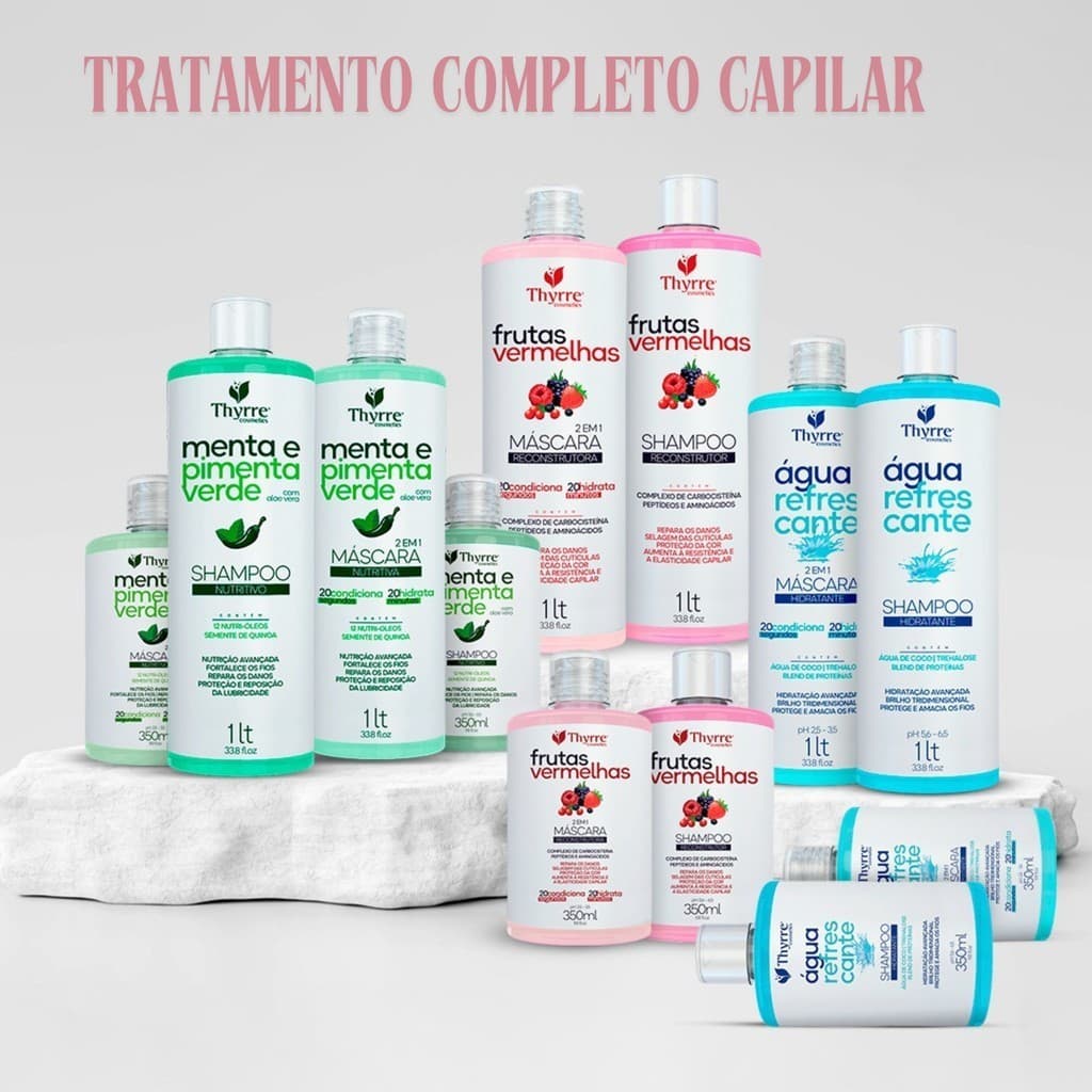 Kit Cronograma Capilar Completo Água Refrescante, Frutas Vermelhas e Pimenta Verde Thyrre Cosmetics