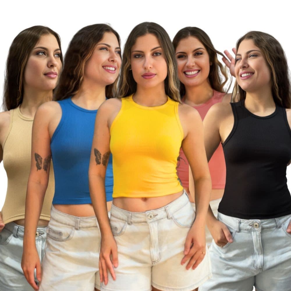 Kit 5 Blusas Feminina Malha Canelada Ribana Algodão Lisas Básicas Sortidas Confort