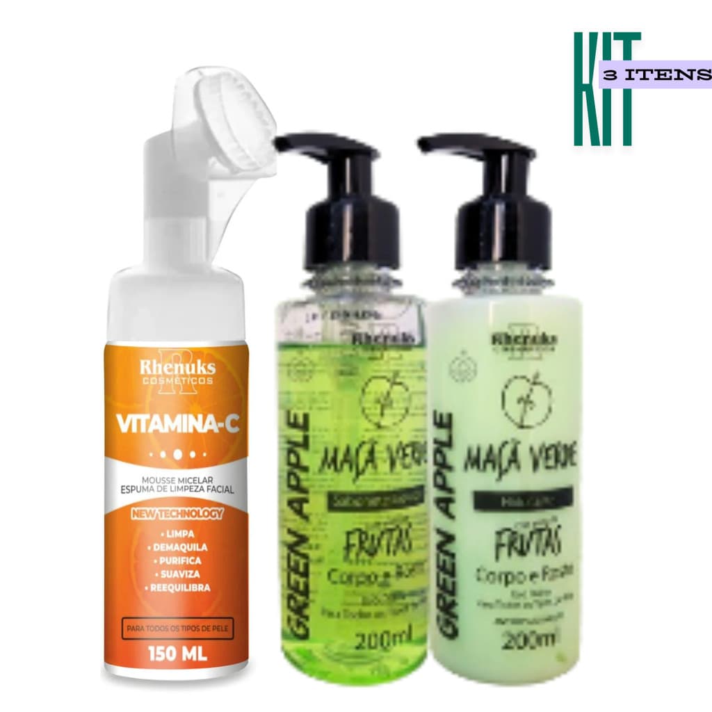 Kit MOUSSE MICELAR VITAMINA C + Sabonete + Loção Hidratante Corpo e rosto - Maçã Verde