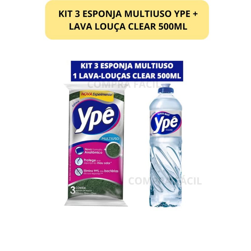 KIT 3 ESPONJA MULTIUSO YPE + LAVA LOUÇA CLEAR 500ML