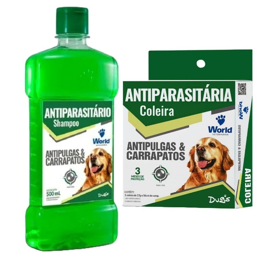 KIT COMPLETO PROTEÇÃO ANTI PULGA  E CARRAPATOS DUG'S SHAMPOO E COLEIRA
