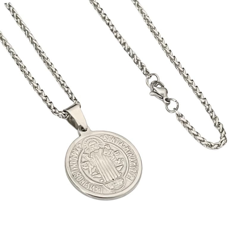 Colar Cordão Medalha São Bento Dupla Face Aço Inox Prateado