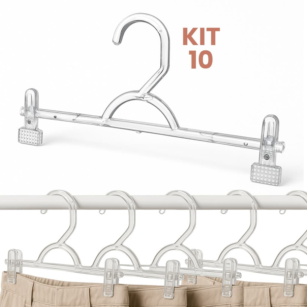 Kit 10 Cabide Acrílico Saia Calça Bermuda Jeans + Presilha Transparente Closet Loja