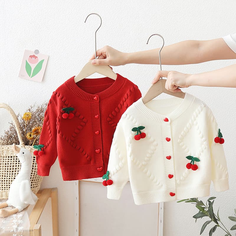 Cardigã de malha para meninas vestido de outono 2025 novo estilo coreano blusa de lã de bebê blusa de cereja para crianç