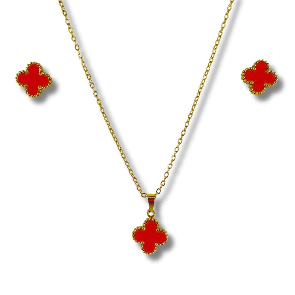 Conjunto Feminino Colar Par + Brincos Aço Trevo Vermelho