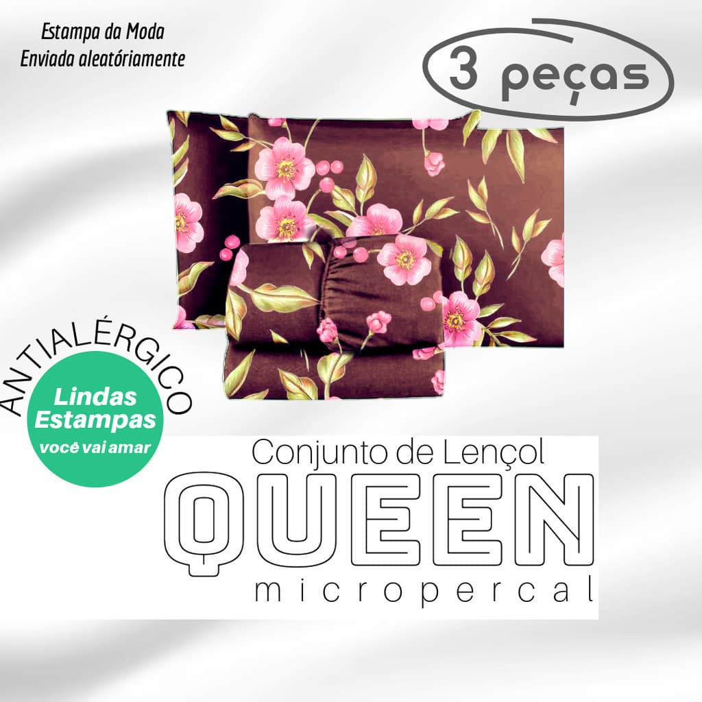 Jogo de Lençol Casal Queen 3 Peças - 1,98m x1,58m x 0,3m de Altura Estampas Sortidas Box Size Cama Kit