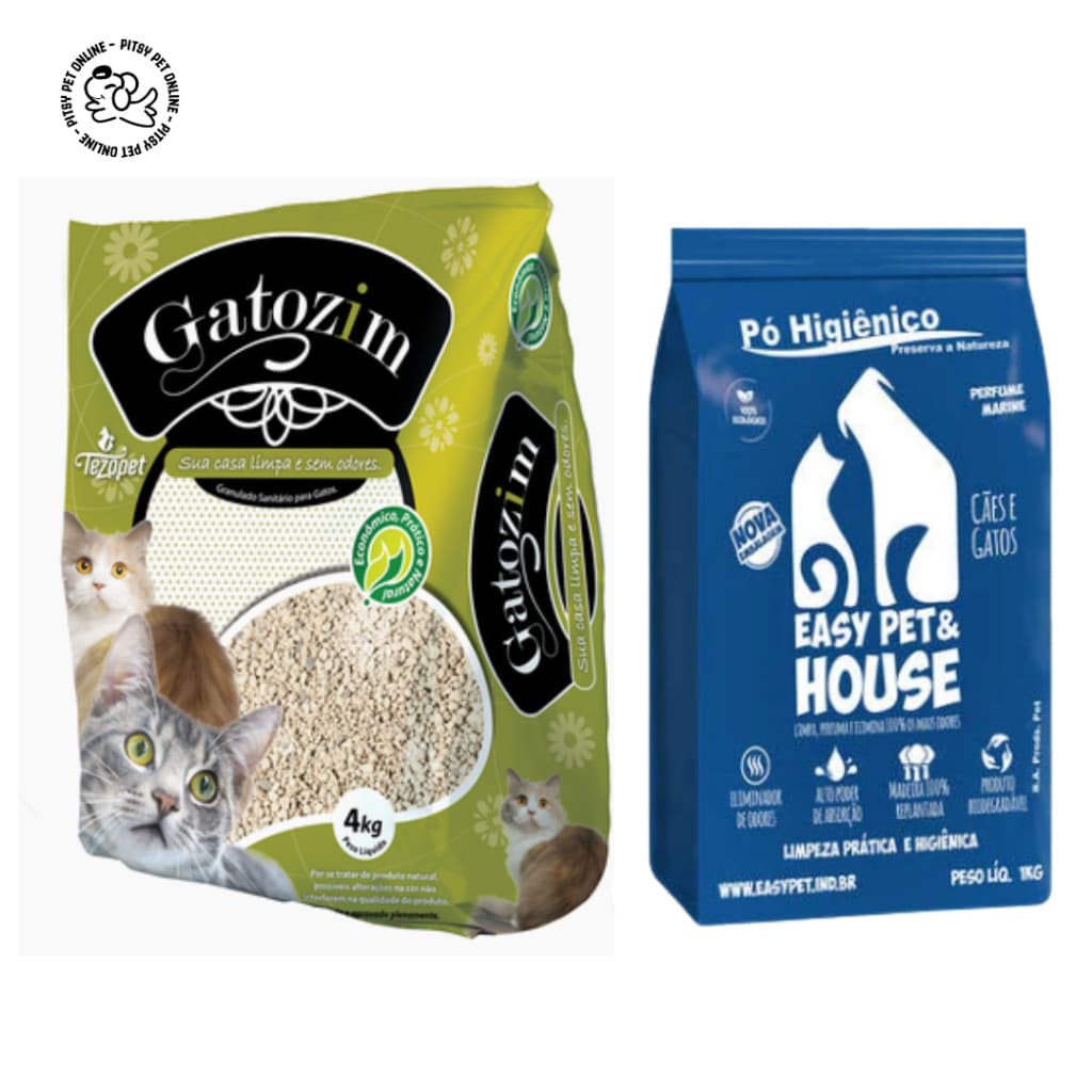 Kit areia Higiênica para gatos 4 kg +Pó higiênico eliminador de odores easy pet house para gatos 1kg