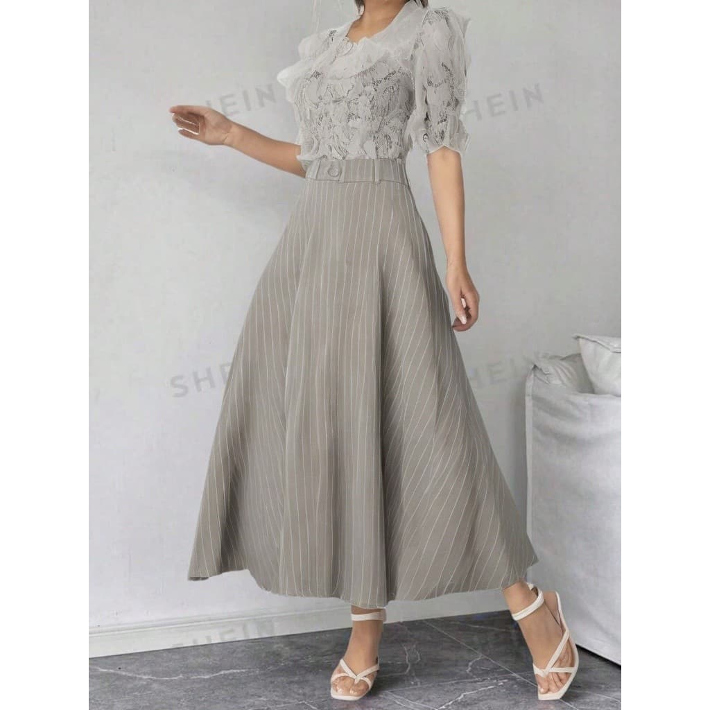 Liu Fashion Saia Longa Listrada Com Botão Feminina Elegante Saia A Verão Primavera Outuno