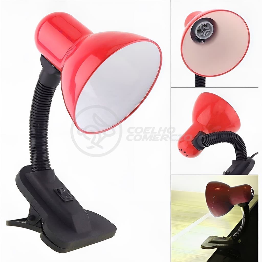 Luminária de Mesa Vermelha com Garra Presilha Articulada Bivolt Entrada E27 para Escritório Quarto