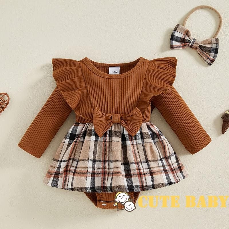 Eph-Infantil Bebê Meninas Outono Macacão Vestido Xadrez Malha Manga Longa Macacões Com Bandana,0-18 Meses