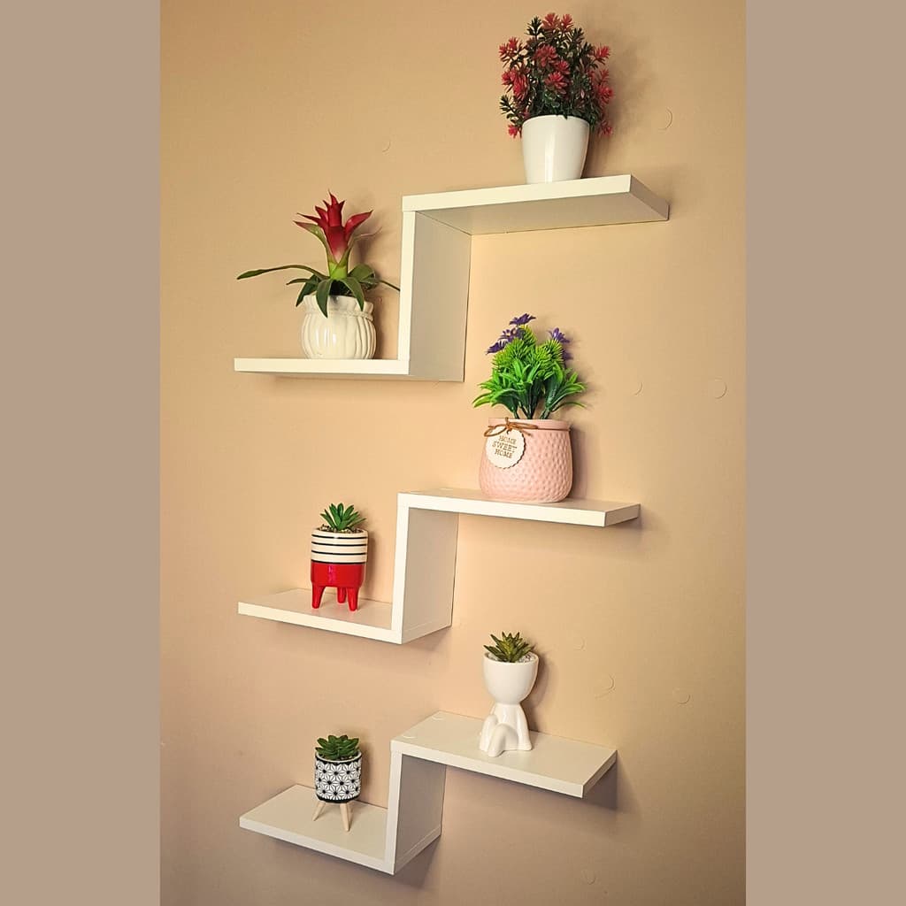 Prateleira Flutuante Formato Z Zig Zag MDF Branca Suporte Invisível Design Moderno