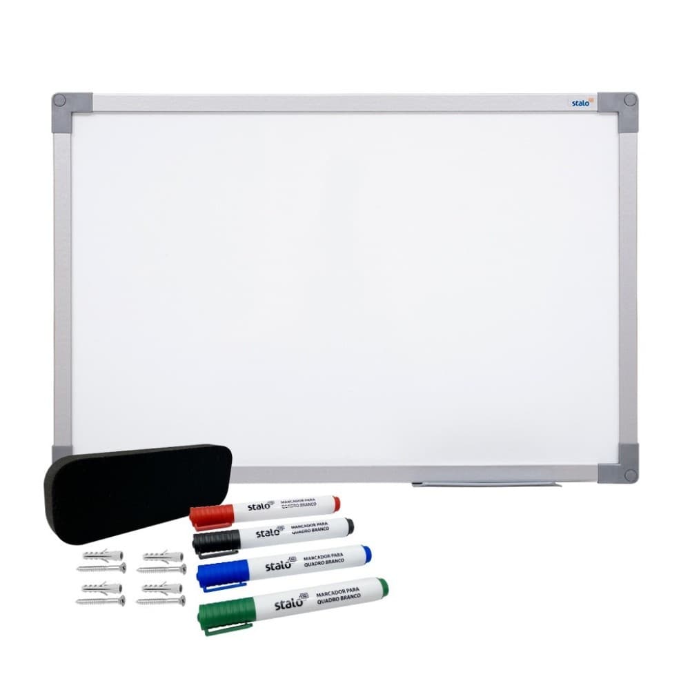 Quadro Branco Lousa 120x90 Stalo UV Moldura Alumínio Soft + Kit 4 Marcadores e Apagador