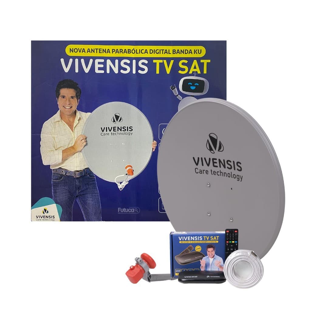 Kit Completo Nova Parabólica Digital Vivensis VX10 HD + Antena Banda Ku LNBF - TV Sem Mensalidade Canais Regionais
