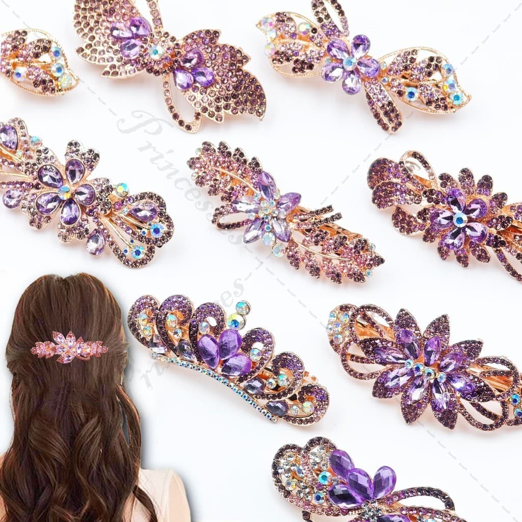Conjunto De Faixa De Cabelo Com Prendedor De Metal Revestimento Roxo E Detalhe De Strass